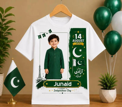 Customized 14 August kids t-shirt with a full boy photo, name and a 14 August Azadi Mubarak design
