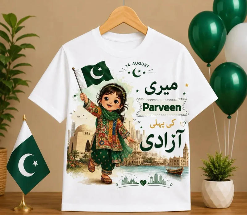 Customized 14 August kids t-shirt with a Meri Pehli Azadi cartoon design, name and Pakistan flag