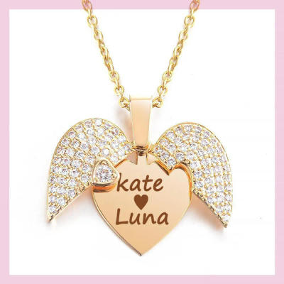 Gold Angel Wing Heart Locket — Couple Names Engraved