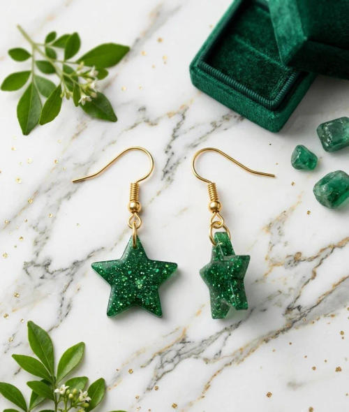 Green Glitter Star Drop Earrings