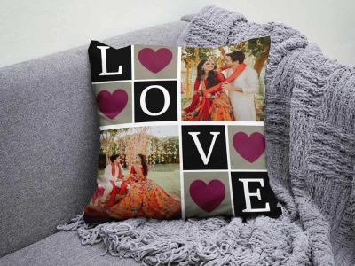 "LOVE" Block 4-Photo Cushion — Black & Pink