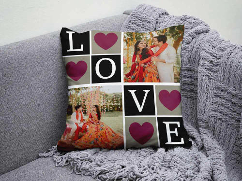 "LOVE" Block 4-Photo Cushion — Black & Pink — Rs 700 in Pakistan
