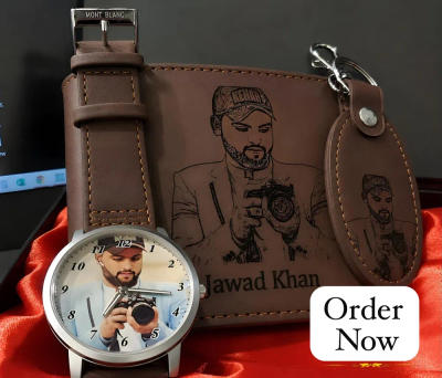 Personalized Engraved Leather Gift Set – Wallet, Belt Watch & Keychain (Brown)