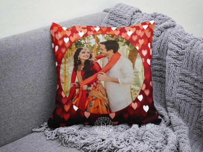 Pink Heart Couple Names Photo Cushion