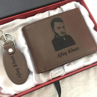 Tan Leather Wallet — Name Embossed + Keychain Set