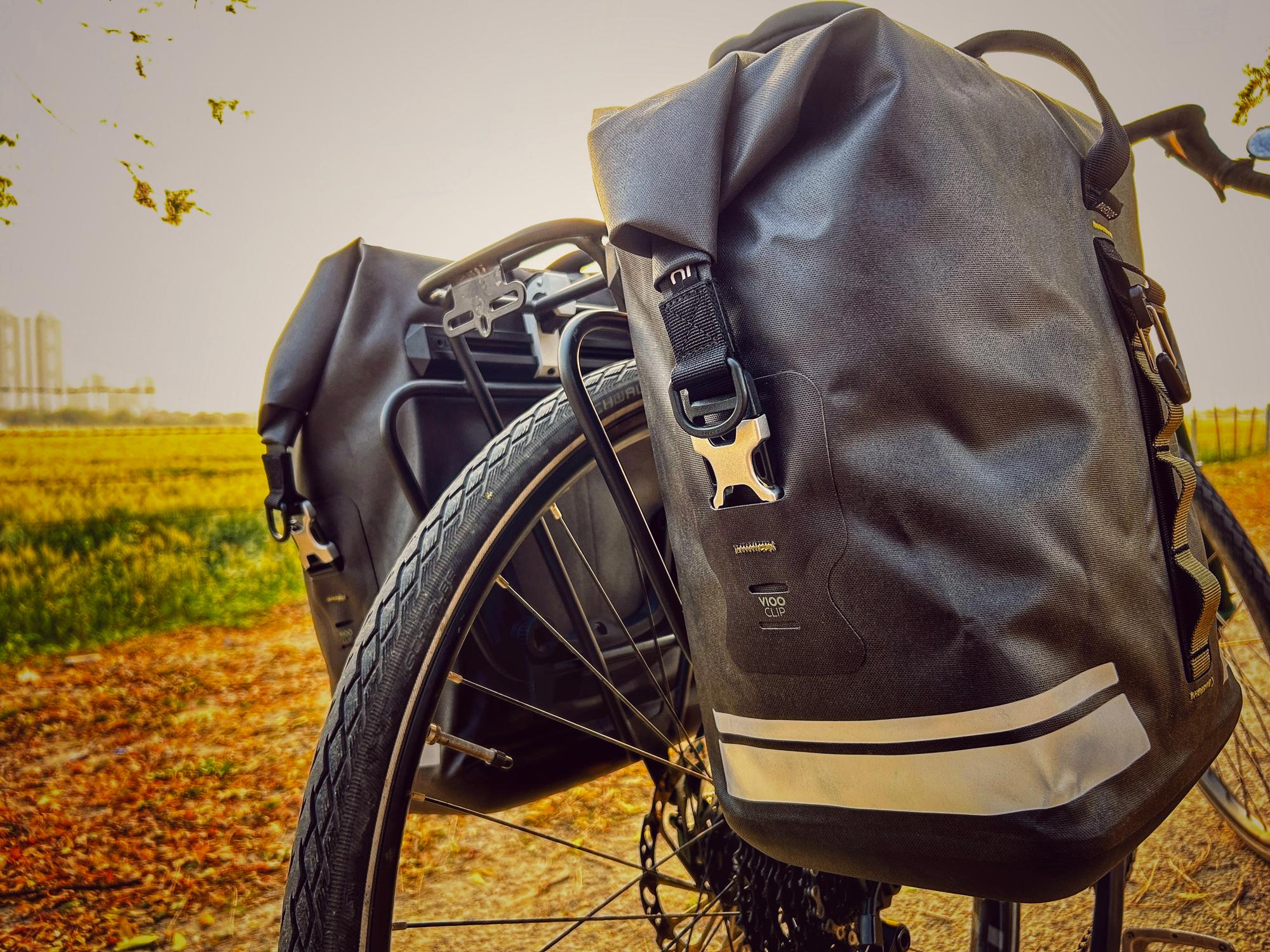 Close-up of a single pannier bag in sunlight