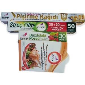 NEW CİTY MUTFAK SETİ PİŞİRME KAĞIDI 16 YAPRAK & STREÇ FİLM 50 M & BUZDOLABI POŞETİ 30 ADET