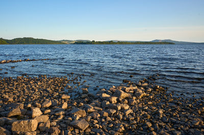 Tranquil shoreline with weathered rocks, a man finds solace while a bird surveys the serene waters,