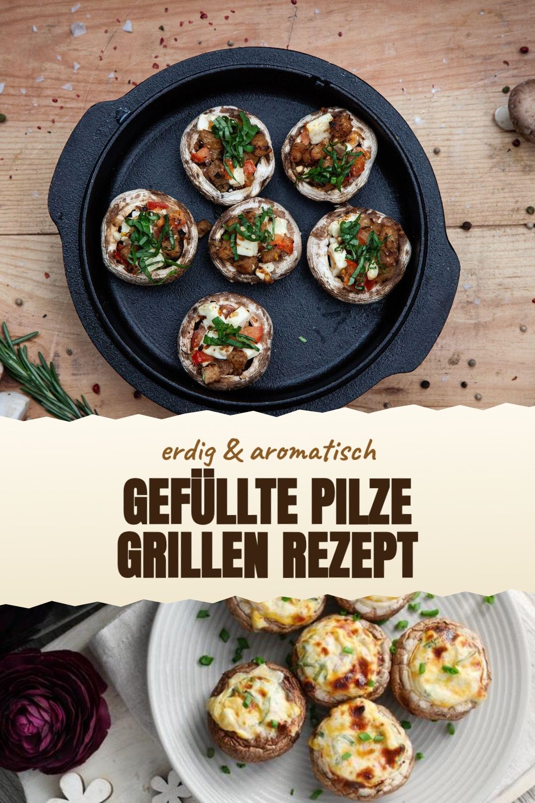 Gefüllte Pilze grillen Rezept – Gefüllte Champignons vom Grill mit Frischkäse und Kräutern