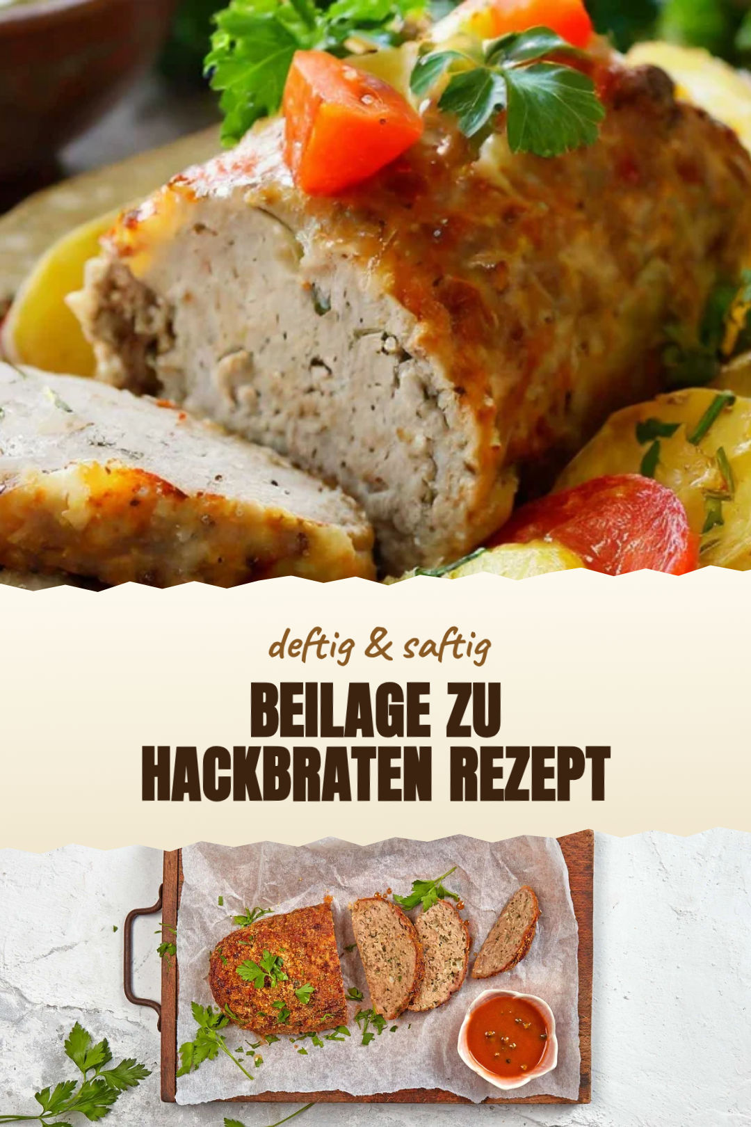 Ofenkartoffeln und Honig-Möhren als Beilage zu Hackbraten, frisch zubereitet und serviert
