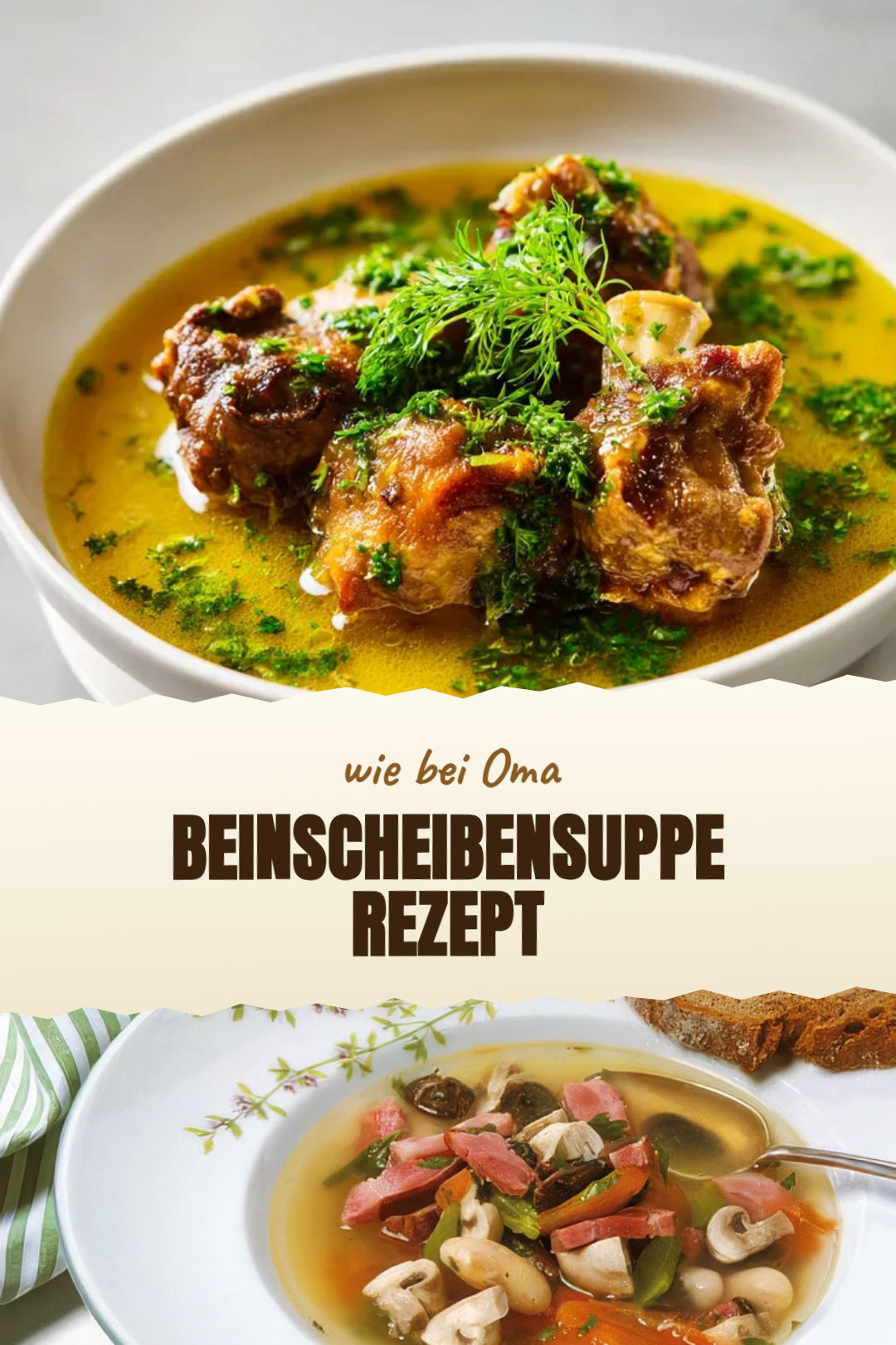 Langsam gekochte Beinscheibensuppe mit Suppengrün, frisch zubereitet und serviert