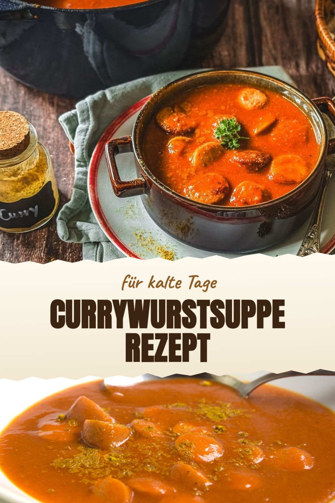 Schnelle Currywurstsuppe mit Paprika und Tomaten, frisch zubereitet und serviert