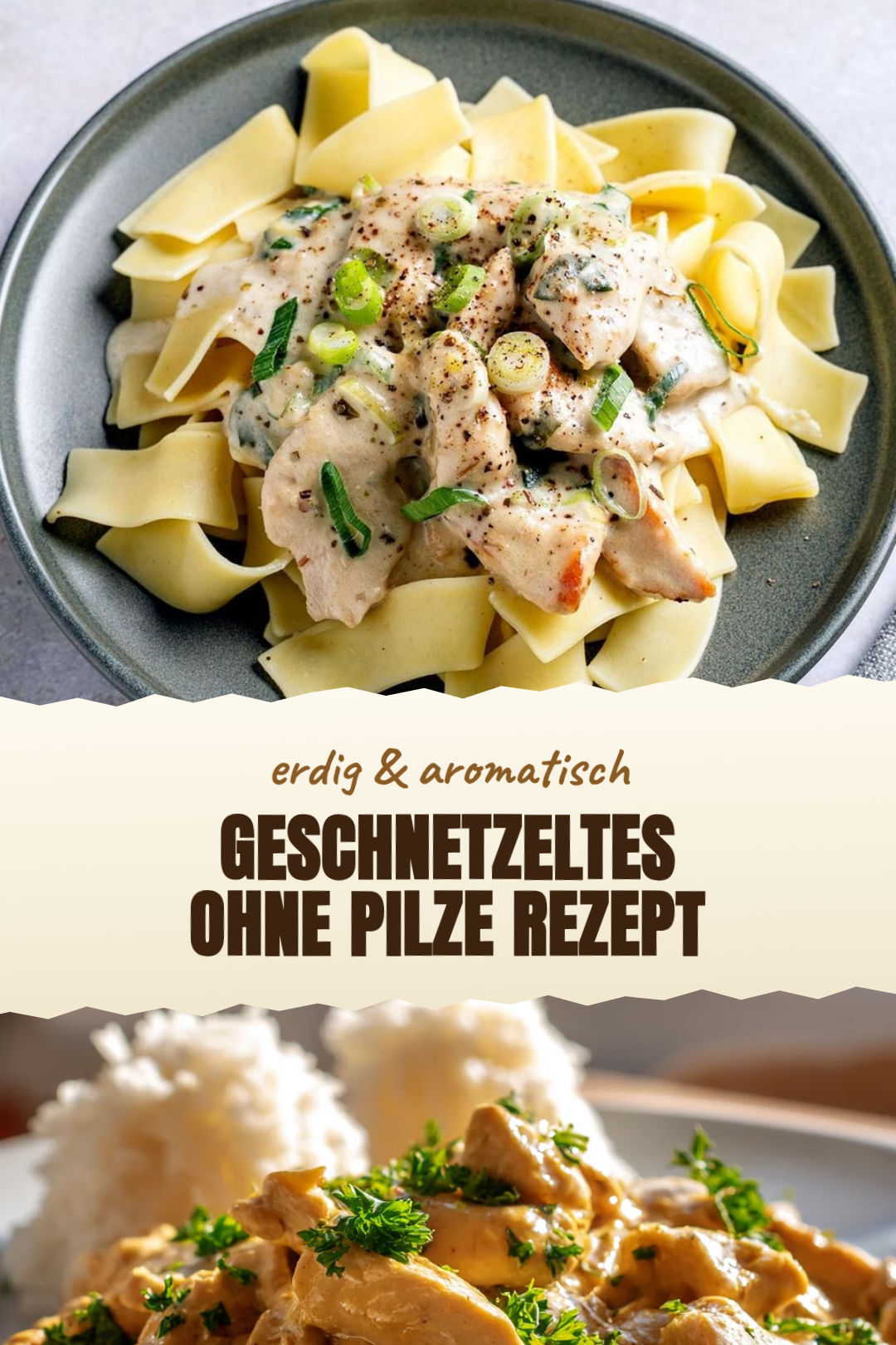 Rahmgeschnetzeltes ohne Pilze mit Hähnchen und Erbsen, frisch zubereitet und serviert