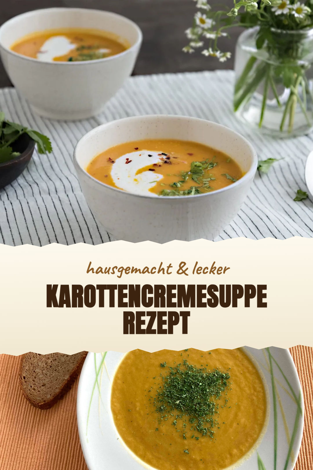 Samtige Karottencremesuppe mit Ingwer und Orangensaft, frisch zubereitet und serviert