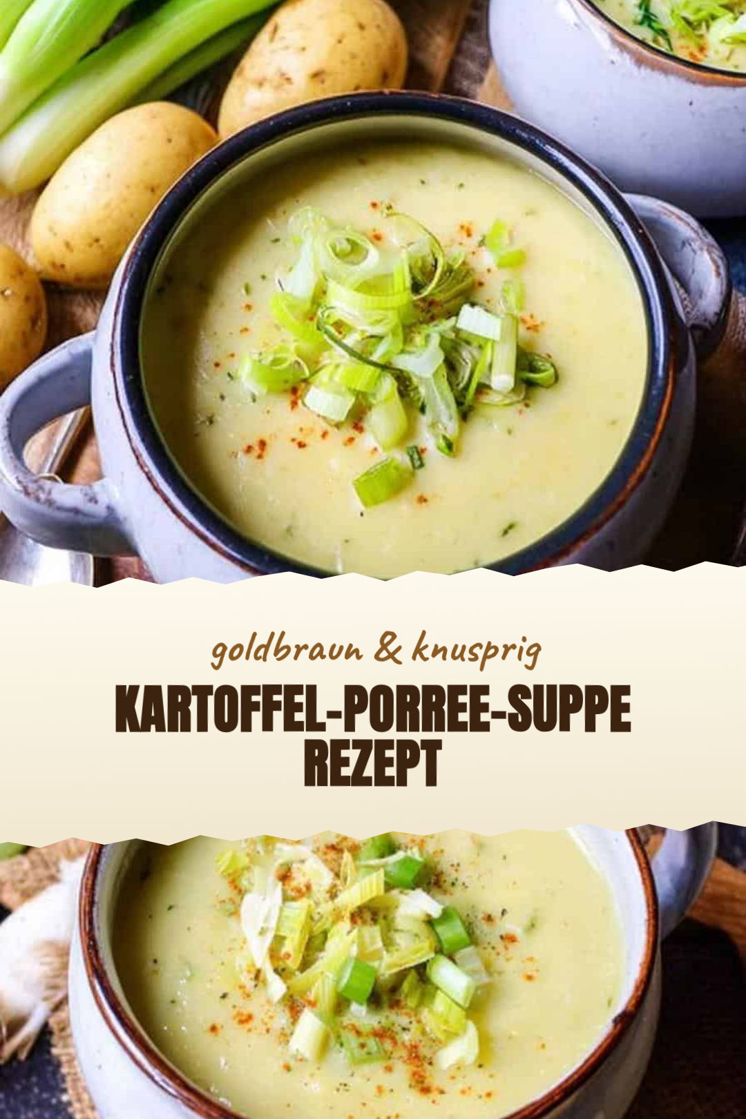 Cremige Kartoffel-Porree-Suppe mit Muskat, frisch zubereitet und serviert