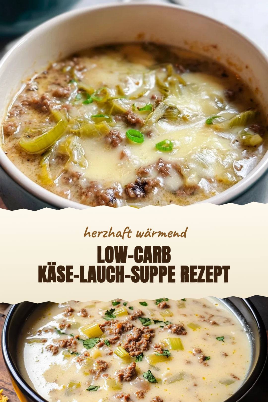 Low-Carb Käse-Lauch-Suppe mit Hackfleisch, frisch zubereitet und serviert