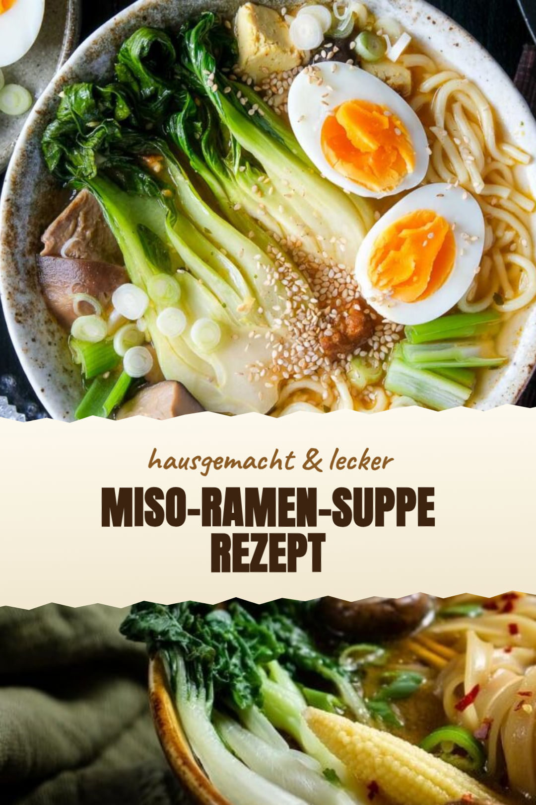 Miso-Ramen-Suppe mit Tofu, Shiitake und Pak Choi, frisch zubereitet und serviert