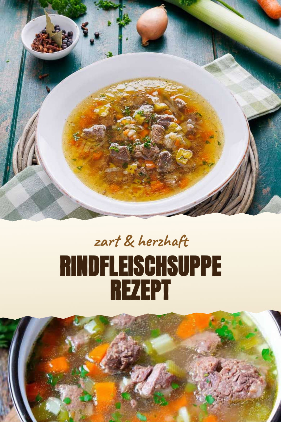 Klare Rindfleischsuppe mit Wurzelgemüse und Kräutern, frisch zubereitet und serviert