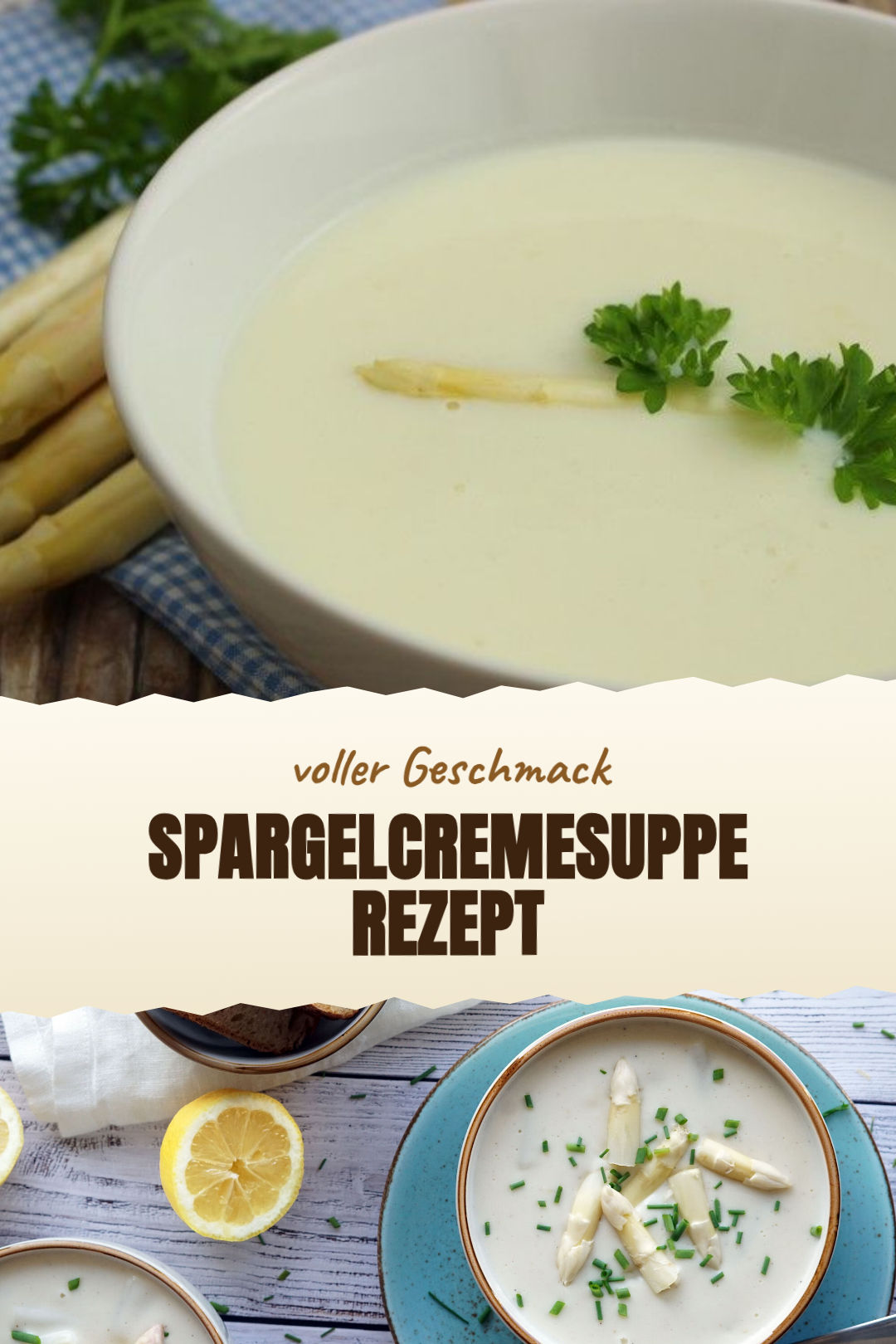 Klassische Spargelcremesuppe mit selbst gekochtem Spargelfond, frisch zubereitet und serviert