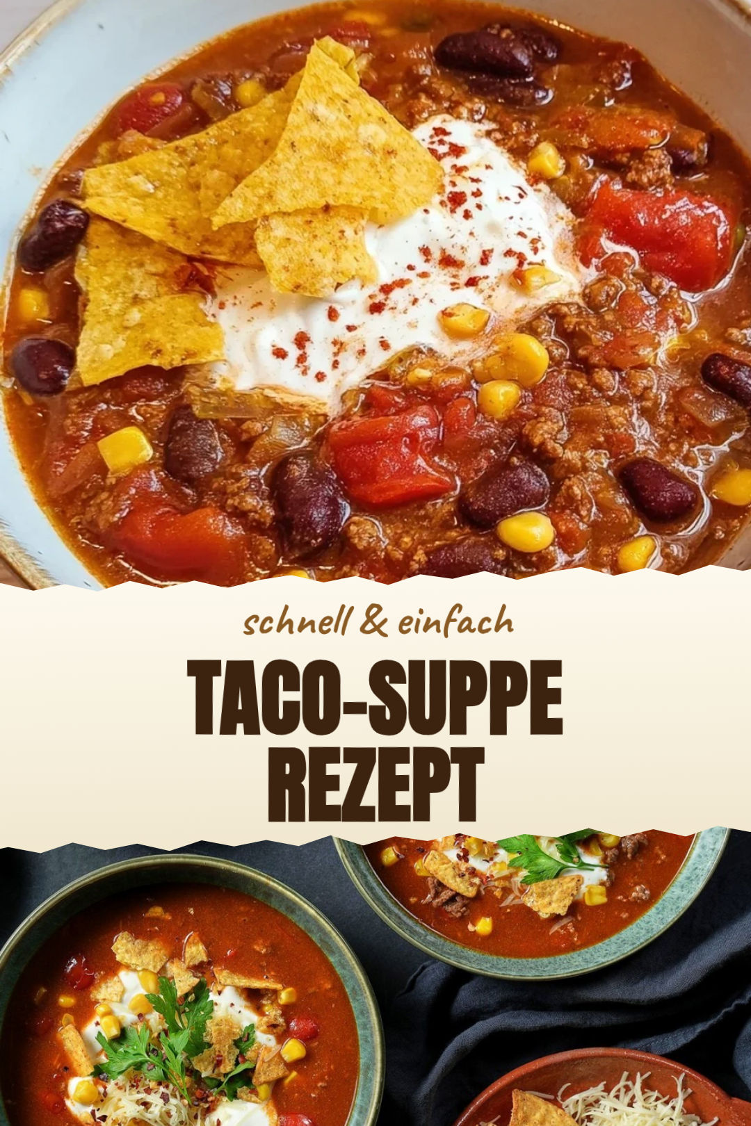 Würzige Taco-Suppe mit Rinderhack, Mais und Bohnen, frisch zubereitet und serviert