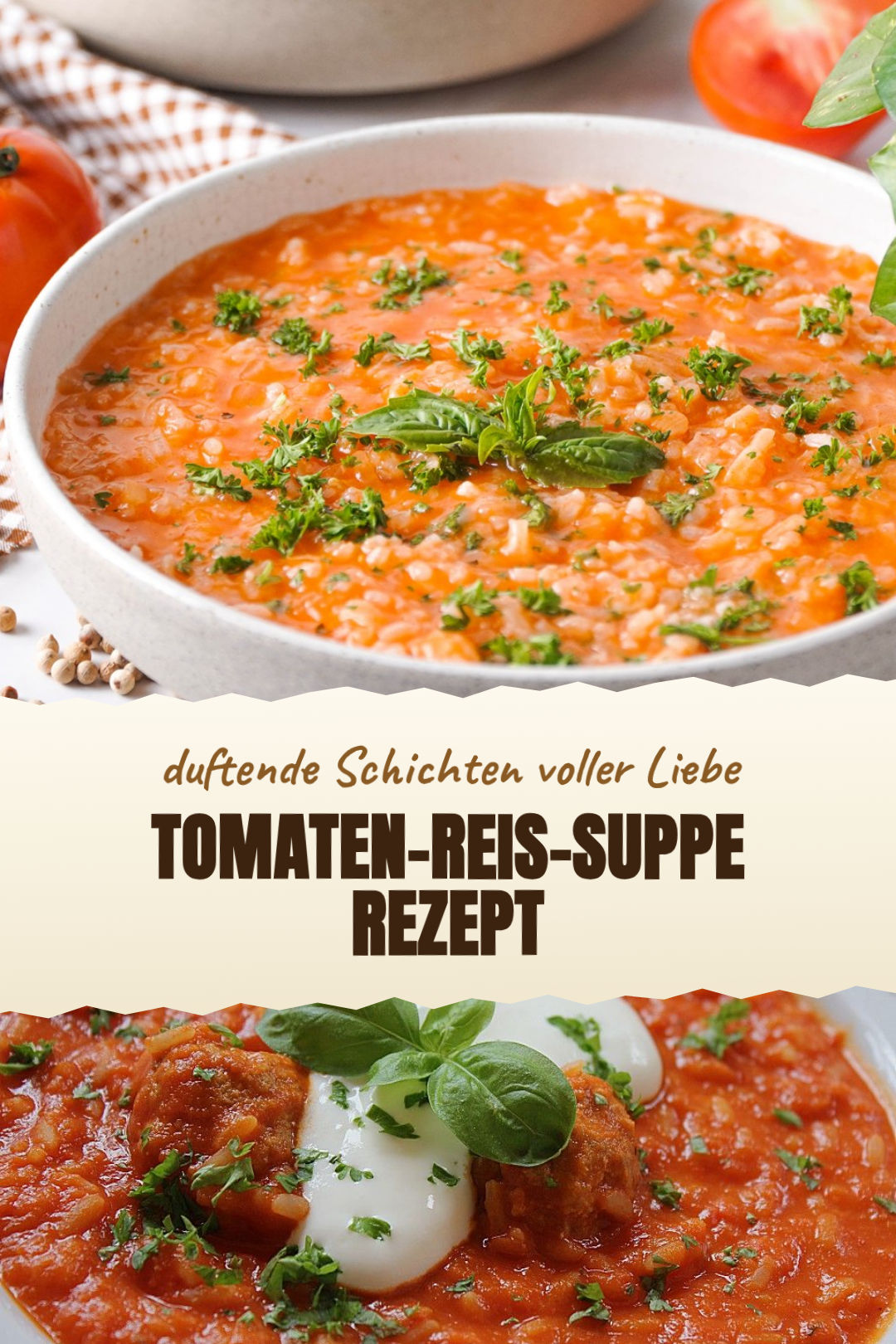 Tomaten-Reis-Suppe mit Basilikum und Gemüse, frisch zubereitet und serviert