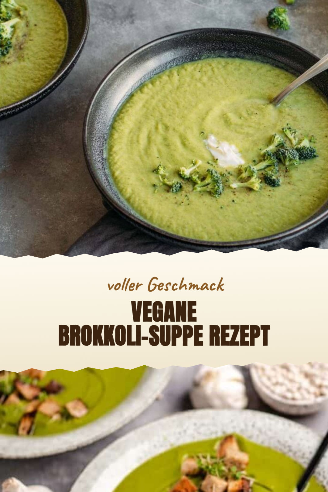 Vegane Brokkoli-Suppe mit weißen Bohnen und Zitrone, frisch zubereitet und serviert