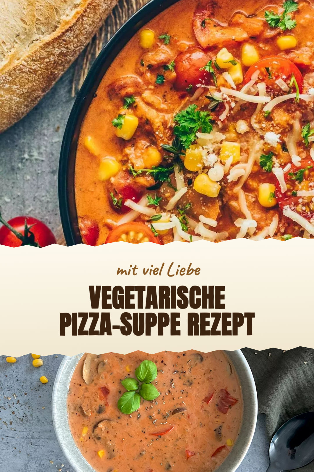 Vegetarische Pizza-Suppe mit Paprika, Mais und Käse, frisch zubereitet und serviert
