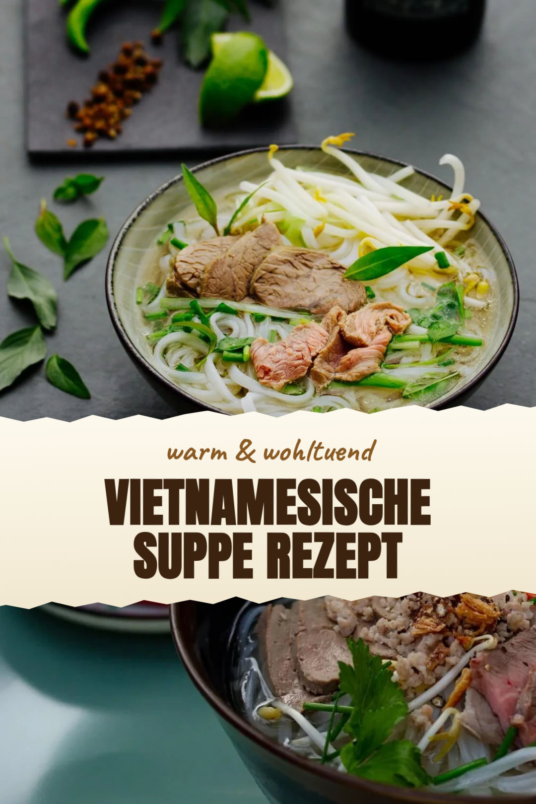 Klare Pho-inspirierte Nudelsuppe mit Ingwer und Limette, frisch zubereitet und serviert
