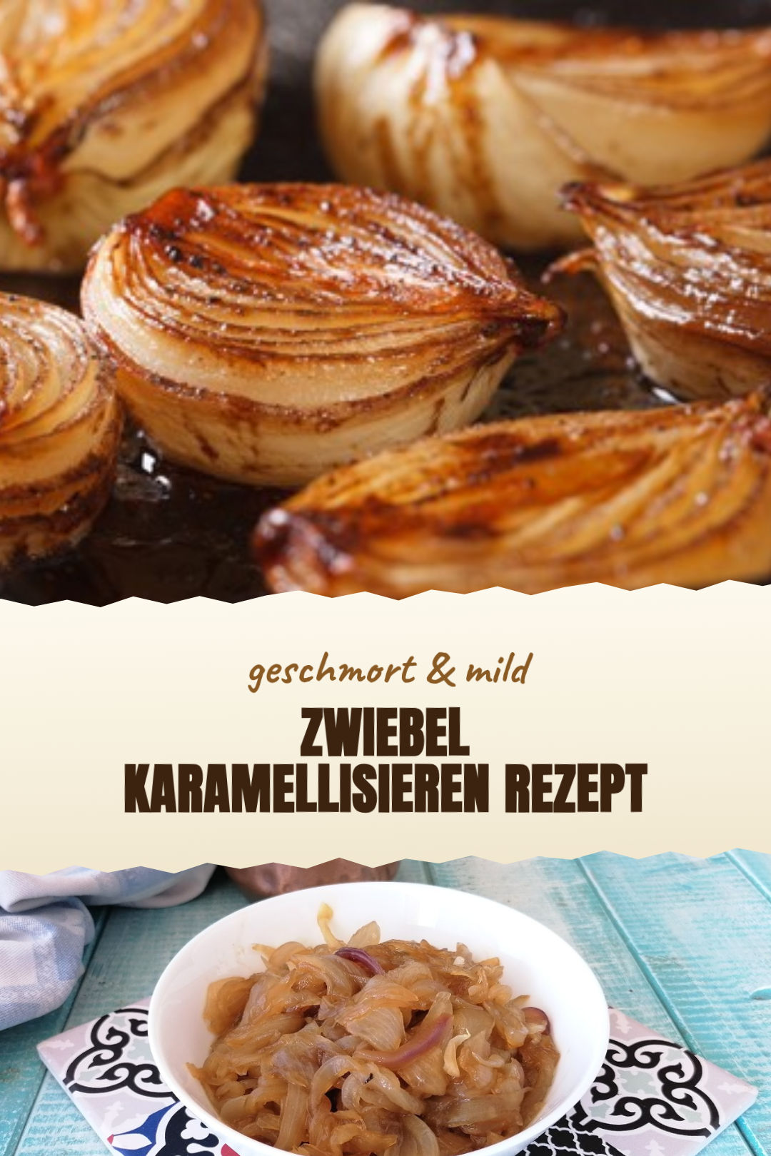 Zwiebeln langsam goldbraun karamellisieren, frisch zubereitet und serviert