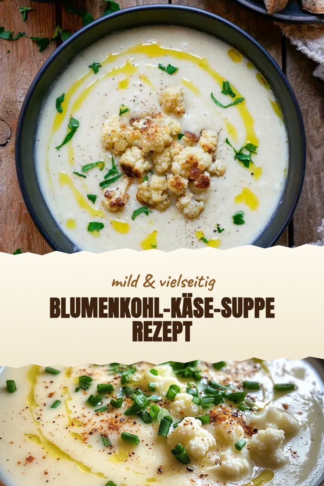 Blumenkohl-Käse-Suppe mit Kartoffeln und Bergkäse frisch angerichtet