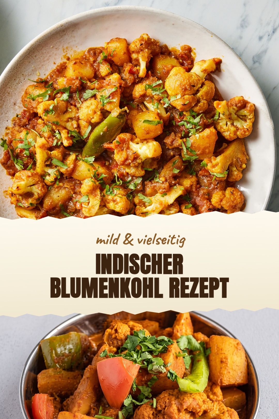 Aloo Gobi mit Kartoffeln, Tomaten und Garam Masala frisch angerichtet