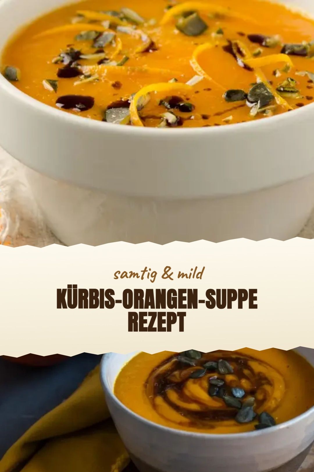Hokkaido-Orangen-Suppe mit Ingwer und Kürbiskernen frisch angerichtet