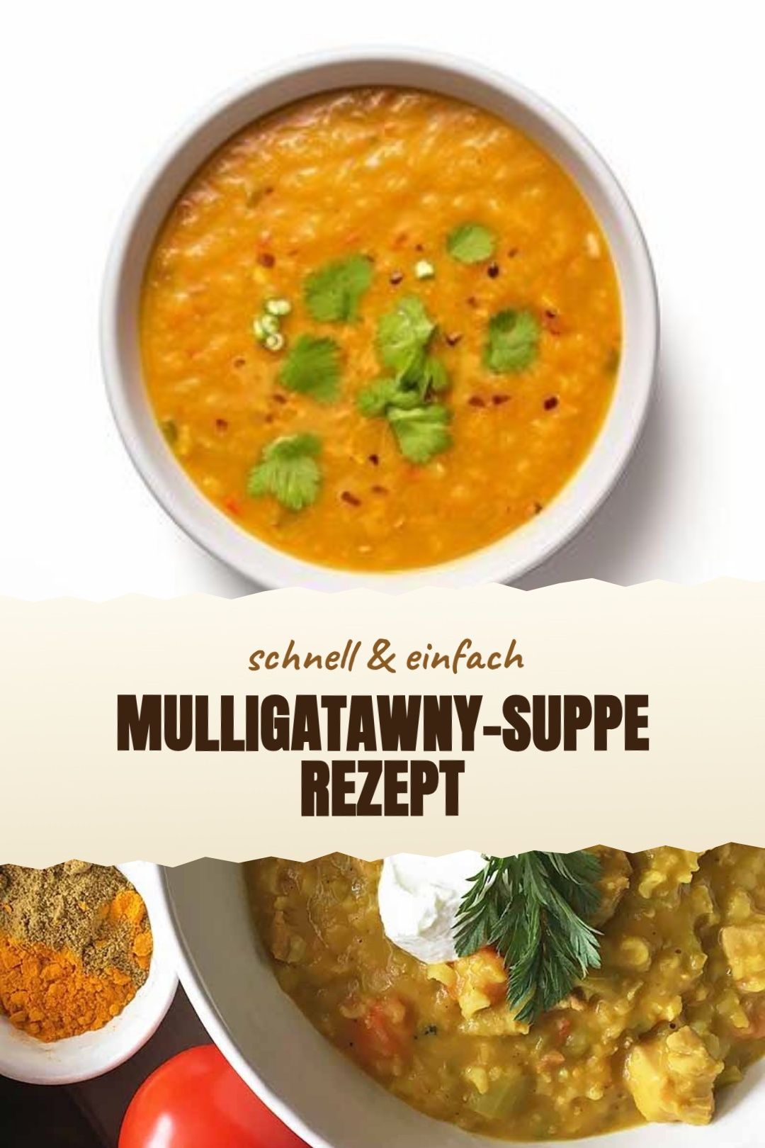 Mulligatawny-Suppe mit Hähnchen, Apfel und Reis frisch angerichtet
