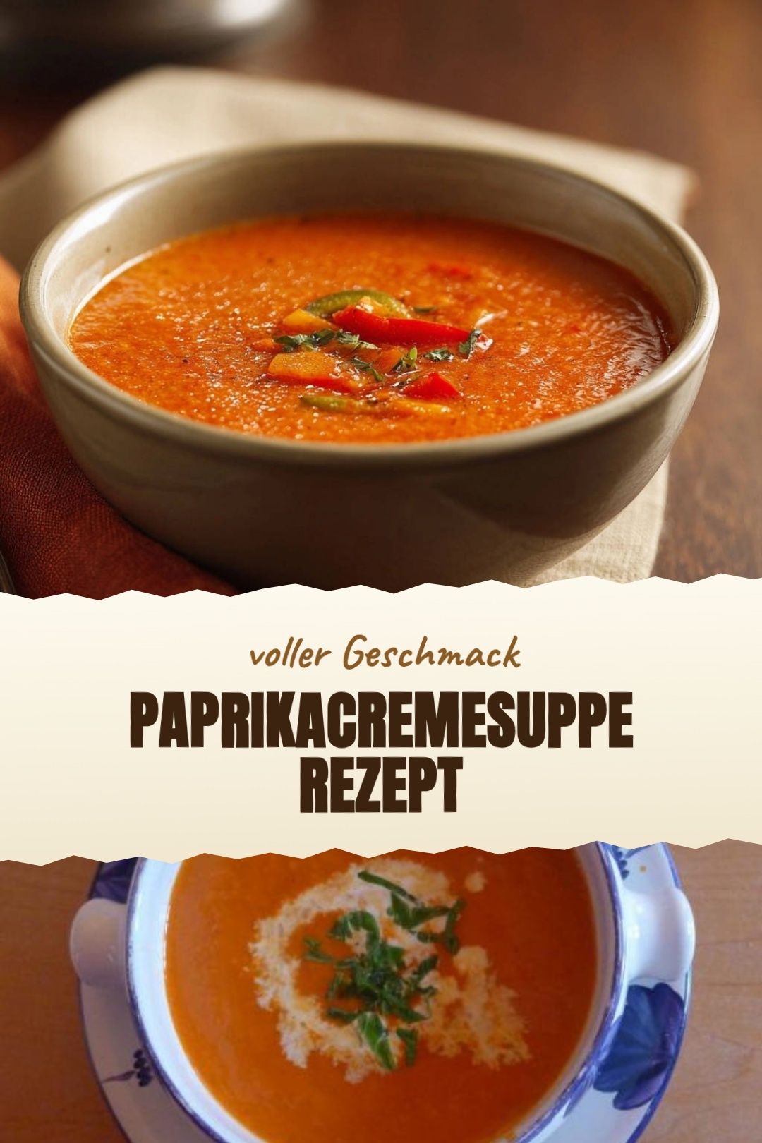 Geröstete Paprikacremesuppe mit Tomaten und Basilikum frisch angerichtet