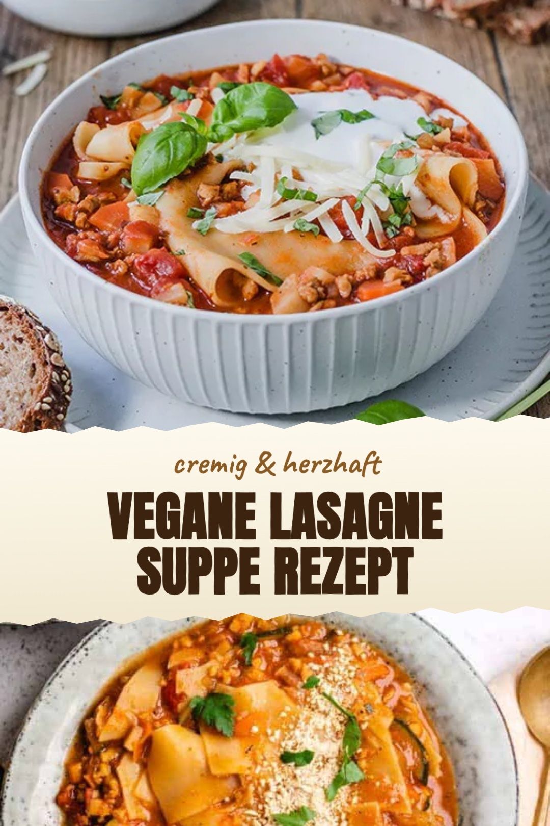 Vegane Lasagnesuppe mit roten Linsen und Tomaten frisch angerichtet