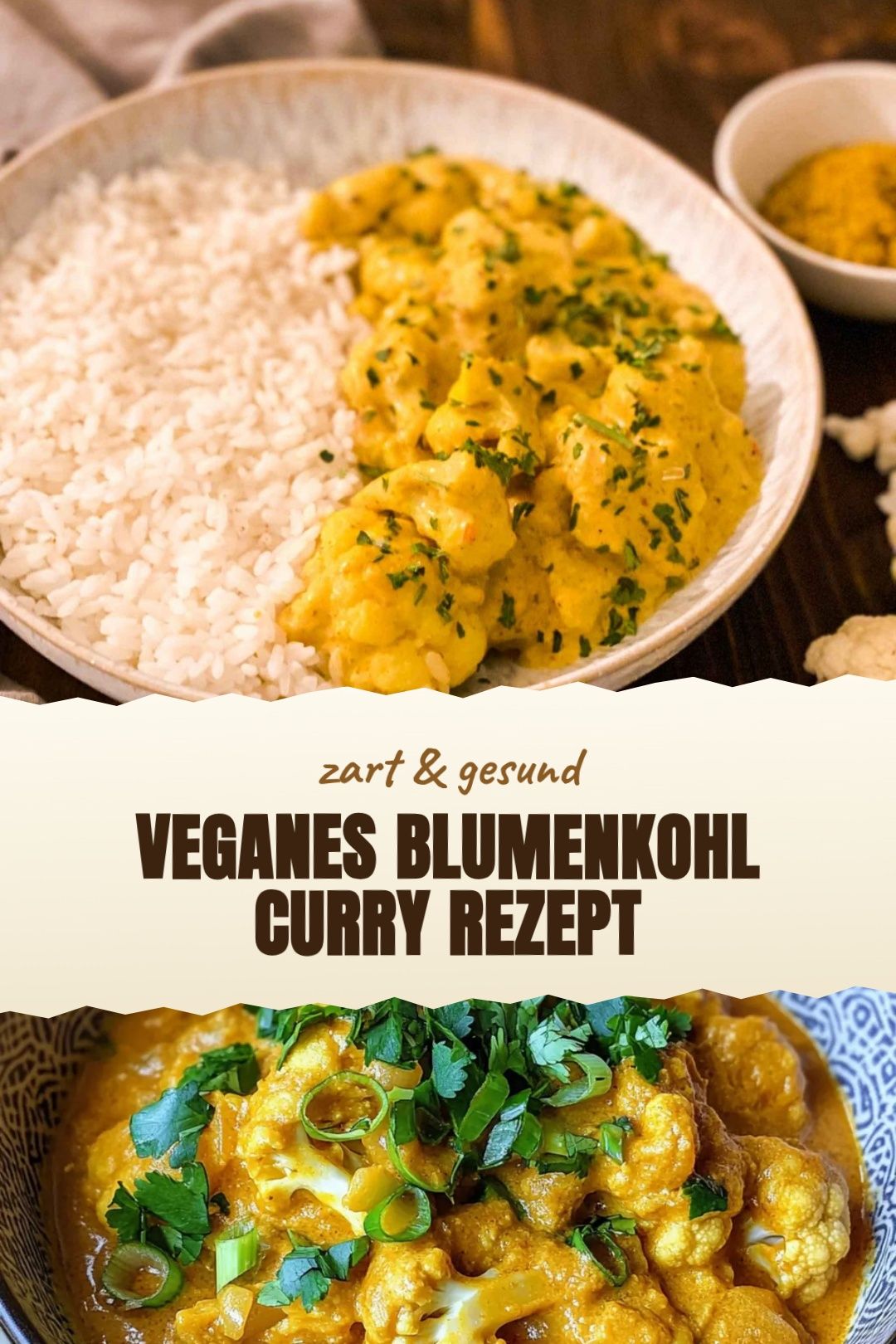 Veganes Blumenkohl-Curry mit Kichererbsen und Kokosmilch frisch angerichtet