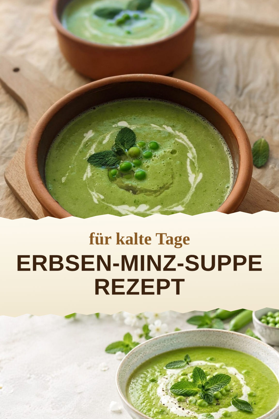 Erbsen-Minz-Suppe, selbst zubereitet und servierfertig