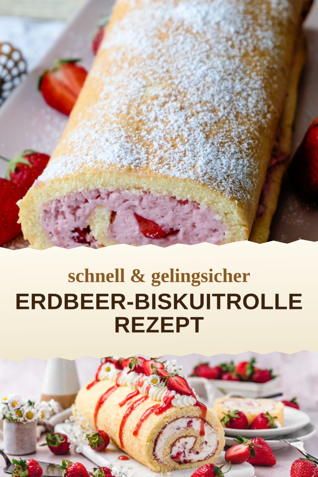 Erdbeer-Biskuitrolle, selbst zubereitet und servierfertig