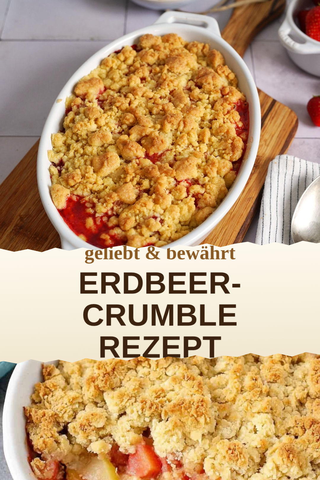 Erdbeer-Crumble, selbst zubereitet und servierfertig