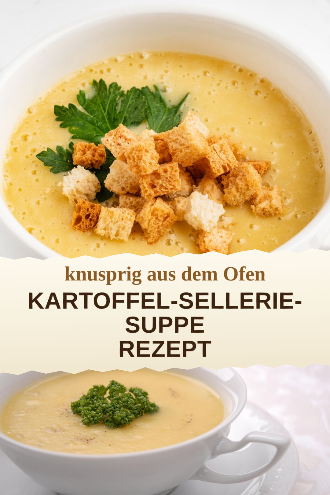 Kartoffel-Sellerie-Suppe, selbst zubereitet und servierfertig