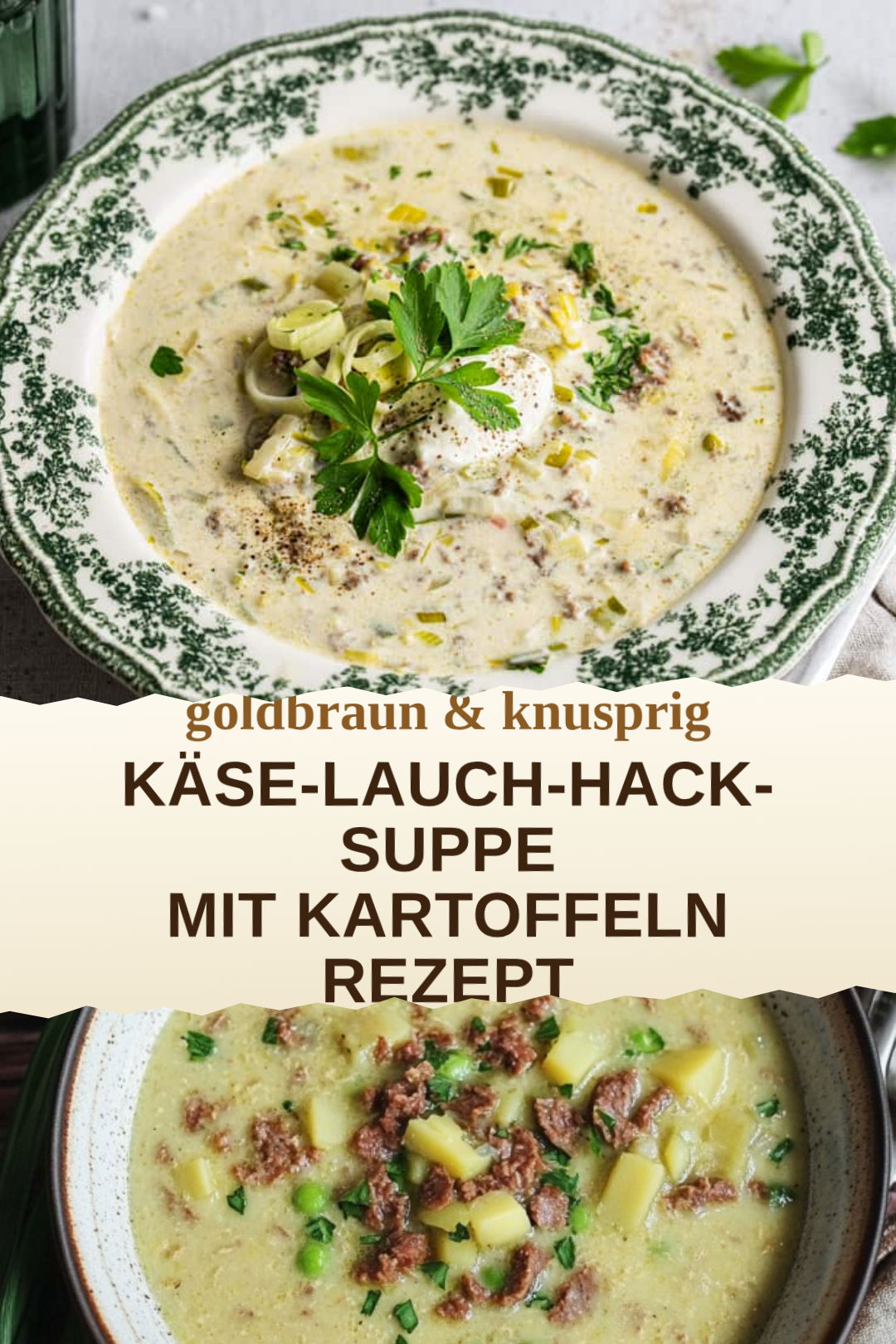 Käse-Lauch-Hack-Suppe mit Kartoffeln, selbst zubereitet und servierfertig