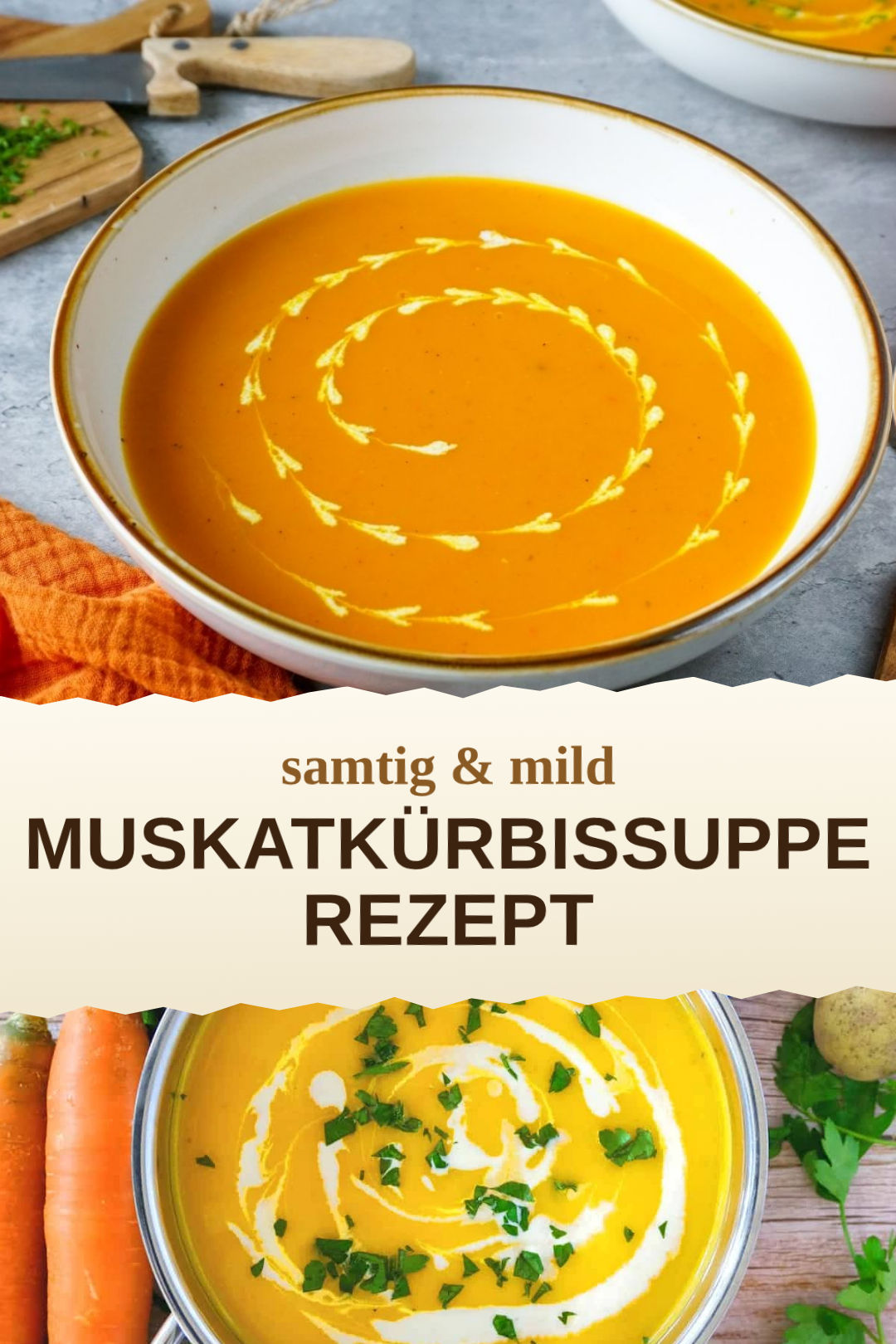 Muskatkürbissuppe, selbst zubereitet und servierfertig
