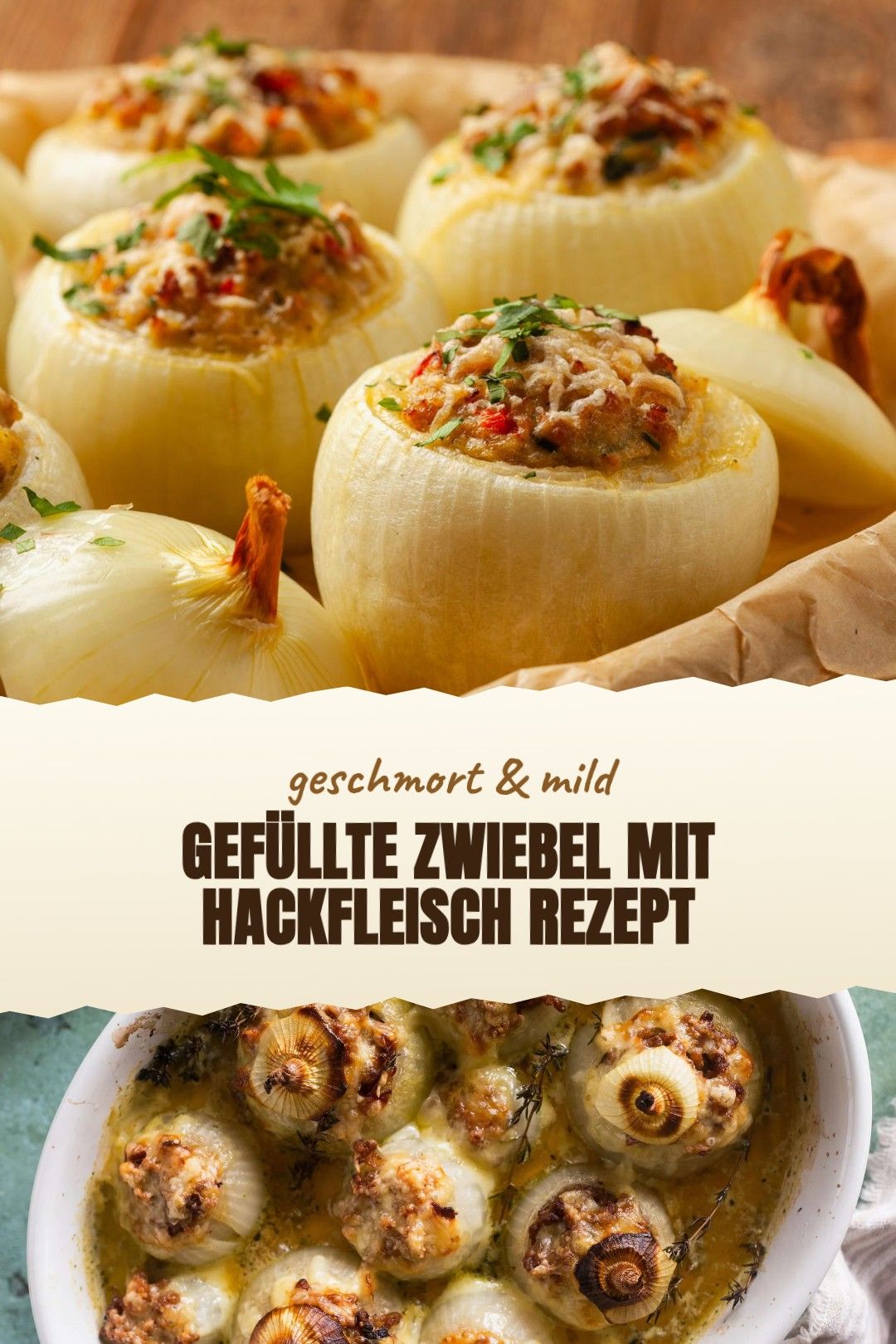 Gefüllte Zwiebel mit Hackfleisch Rezept – große Ofenzwiebeln mit saftiger Hackfleischfüllung, Paprika, Senf und einer kleinen Käsekruste