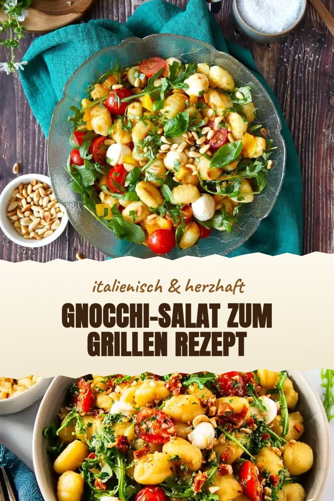 Gnocchi-Salat zum Grillen Rezept – ein lauwarmer Gnocchi-Salat mit Zucchini, Tomaten, Rucola, Feta und Zitronen-Senf-Dressing