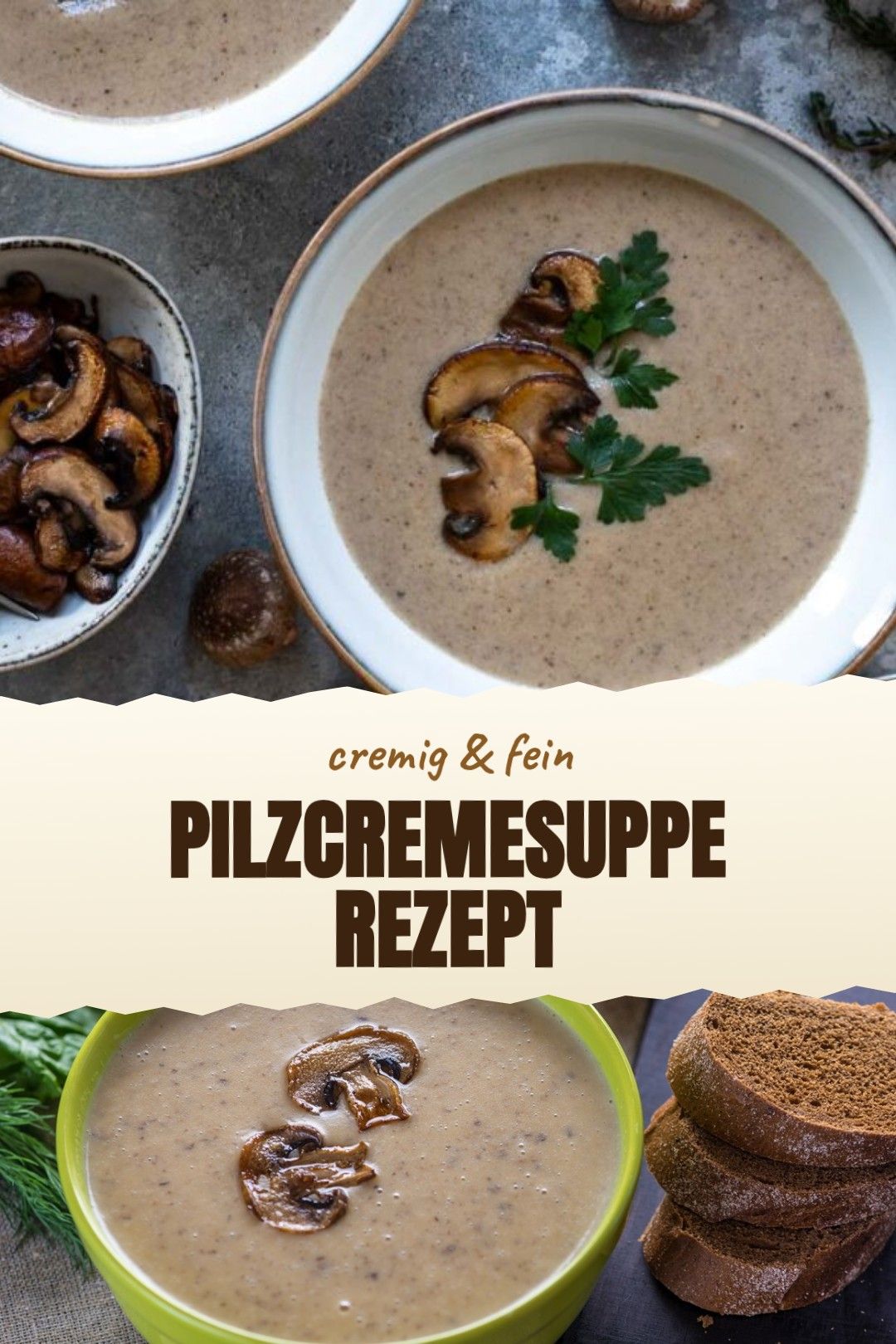 Pilzcremesuppe Rezept – eine Pilzcremesuppe aus braunen Champignons, wenigen getrockneten Steinpilzen und Thymian