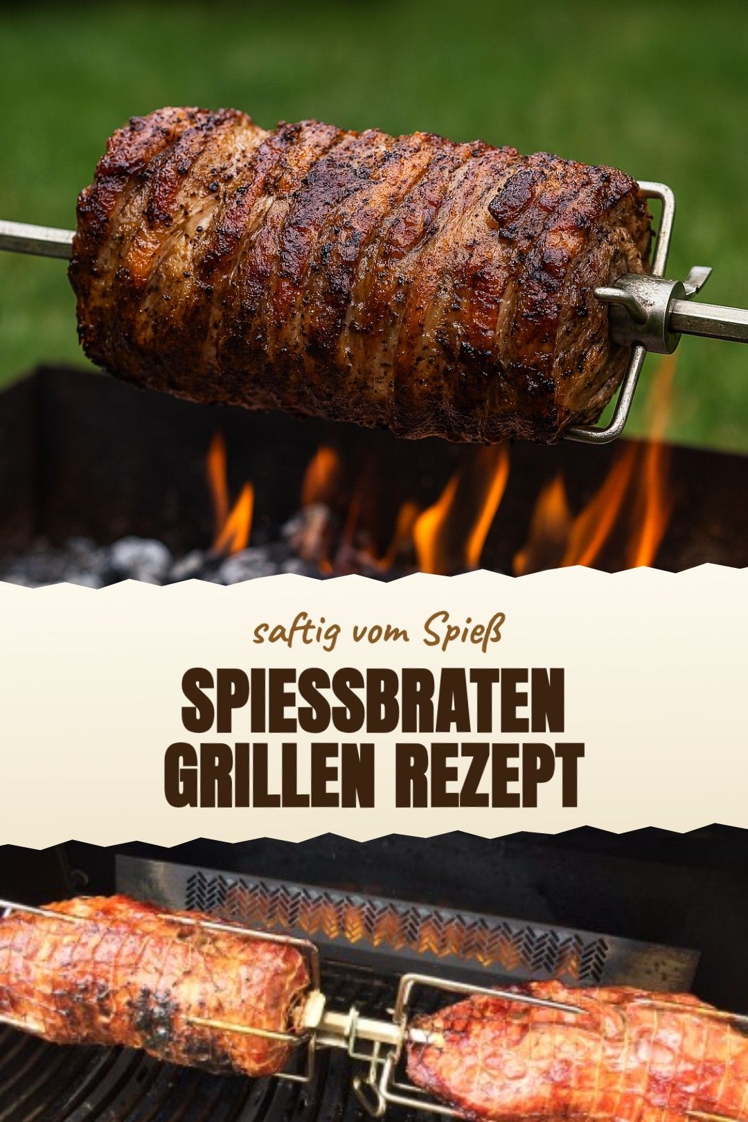 Spießbraten grillen Rezept – ein gerollter Schweinenacken-Spießbraten mit Zwiebel, Senf und Kräutern