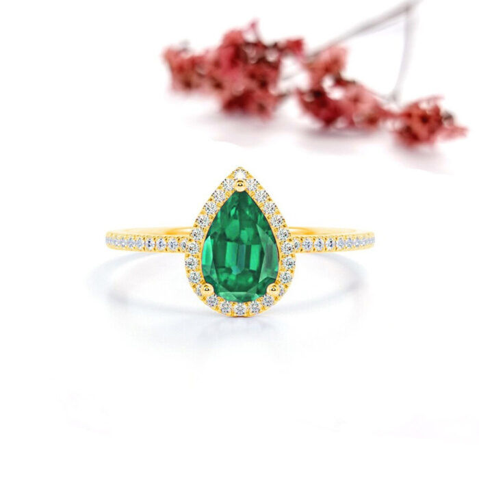 Natural EMERALD DIAMOND RING - Pear Shape Emerald Ring - Image 6