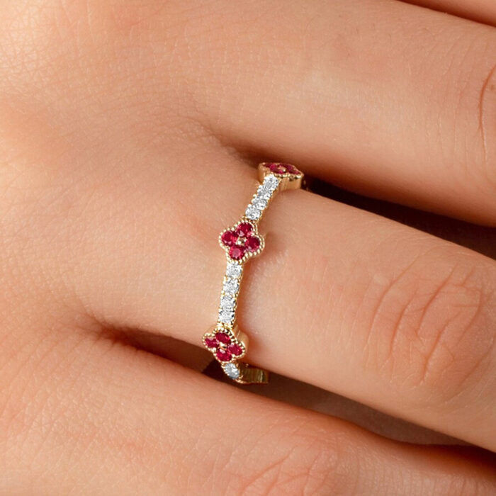 Natural Ruby Clover Leaf Ring With Natural Diamond - Image 4