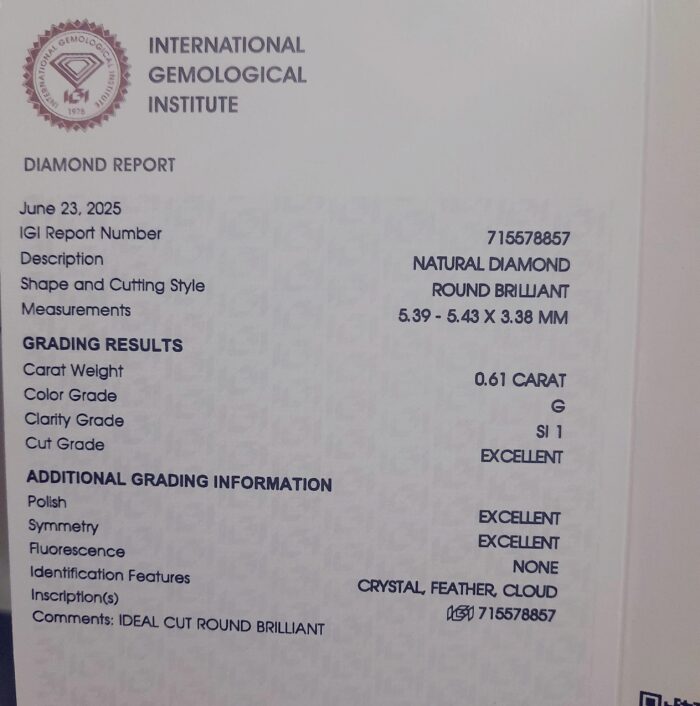 IGI Certified Natural Diamond 0.61 Carat G SI1 - Image 2