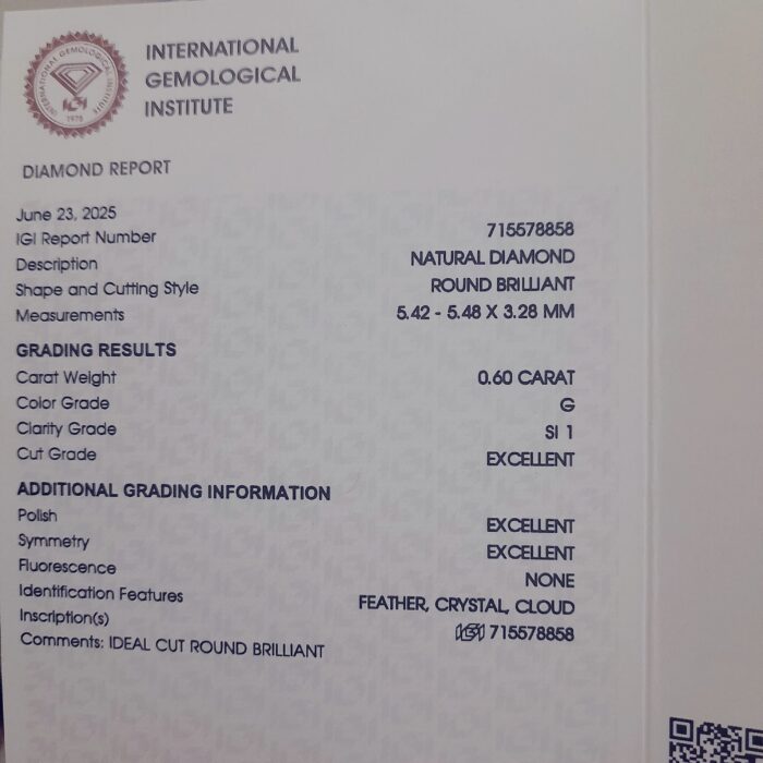 IGI Certified Natural Diamond 0.60 Carat G SI1 - Image 2
